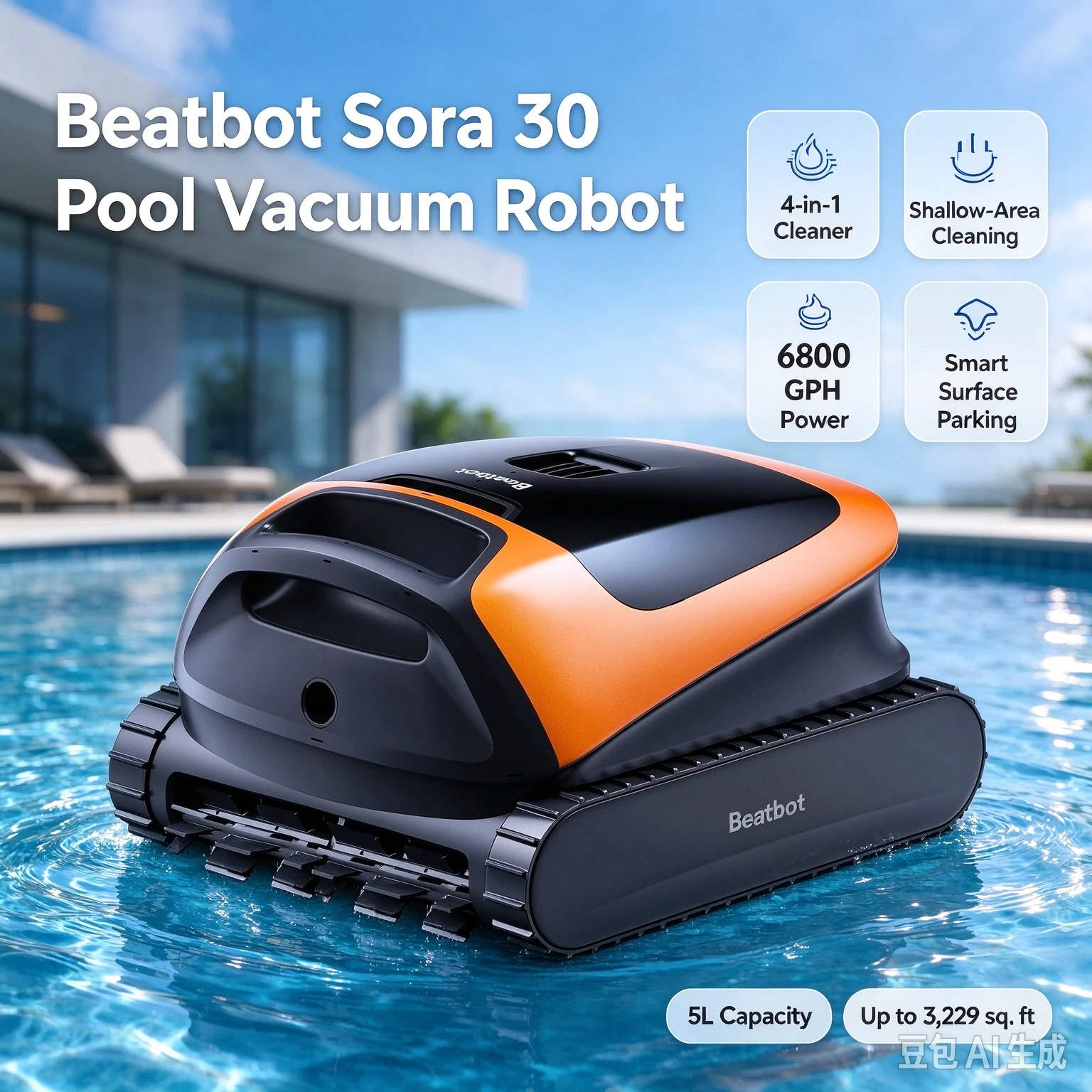 Beatbot Sora 30 Swimming Pool Robotic Vacuum,6800GPH,Shallow-Area Cleaning,Smart Surface Parking,5L,4-in-1 Pool Cleaner