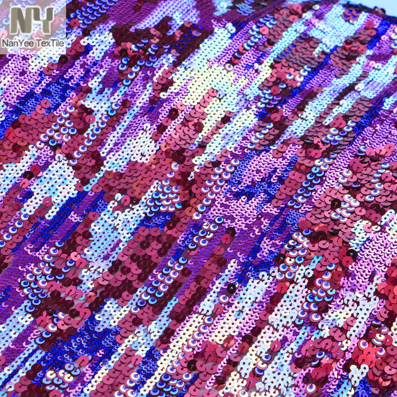 Purple & Fuschia Color Stripe Houndstooth Grid 3+7+9mm Mixed Size Sequins Embroidery Fabric Mesh Backing For Jacket Dress