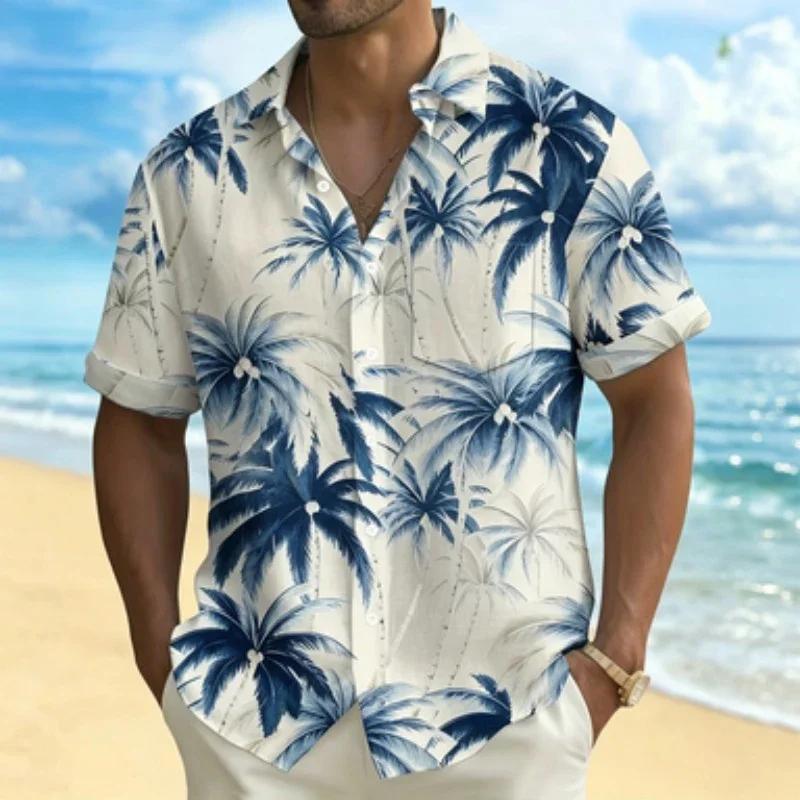 Summer Mens Red Sunset Ocean Island Palm Leaf Print Hawaiian Shirts Short Sleeve Button Up Tops Holiday Travel Casual Blouse