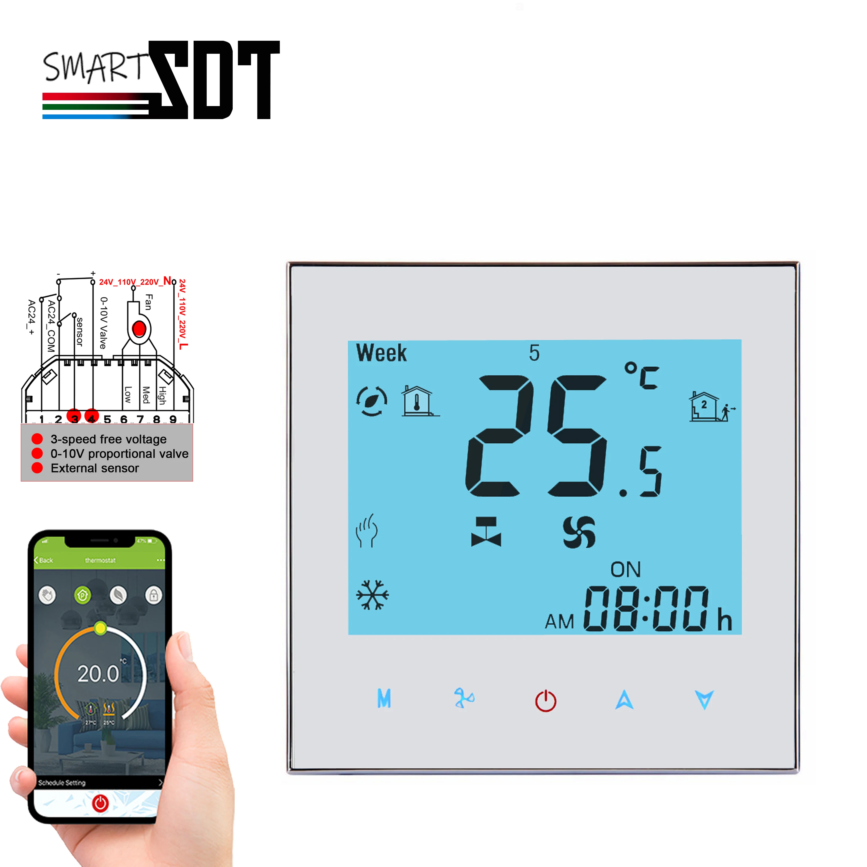 Smart Thermostat 3-Speed Fan Dry Contact & 0-10V Valve Control,WiFi/RS485,Dual Sensor 24V for Middle East HVAC Systems