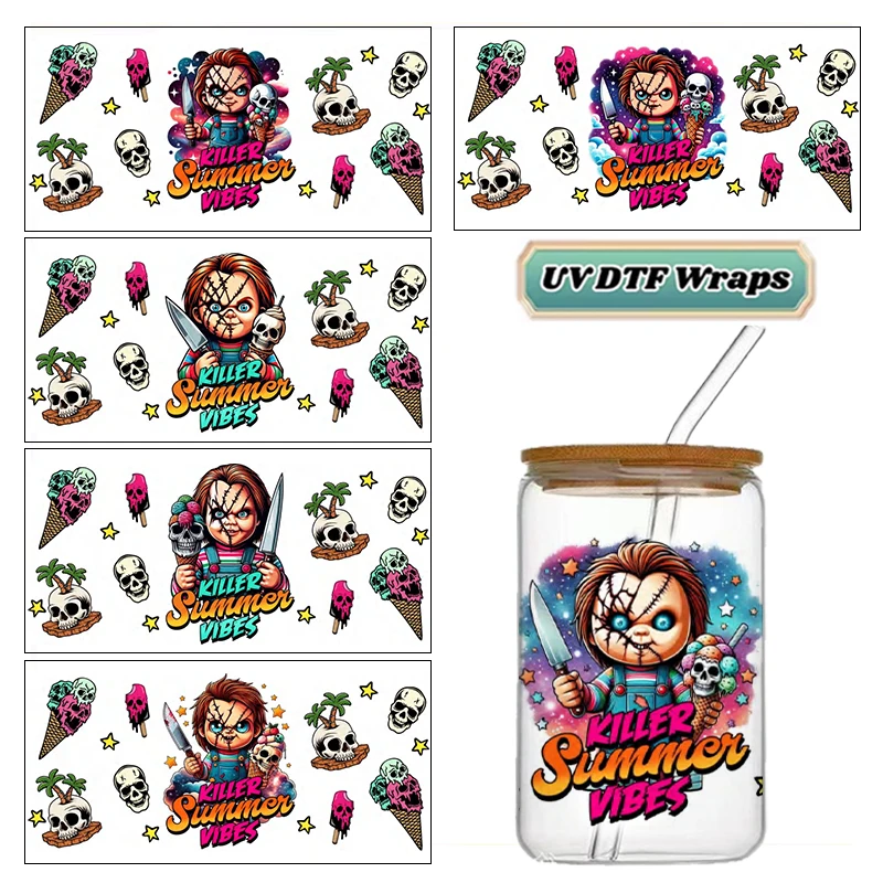 Horror Cartoon Doll Summer Theme UV DTF Wraps Skull Ice Cream Star Waterproof Decals for 16oz Libbey Glass Can