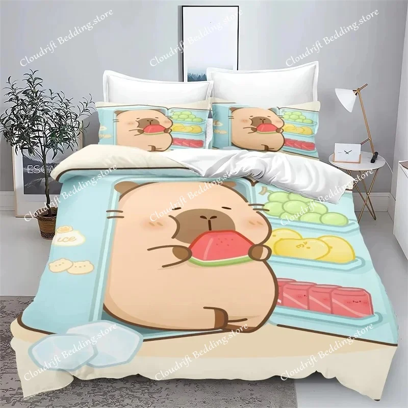 Cartoon Capybara 3D Printed Bedding Set Children's Duvet Cover Pillow Case Set Anime Polyester Cute Cartoon Home Decoration