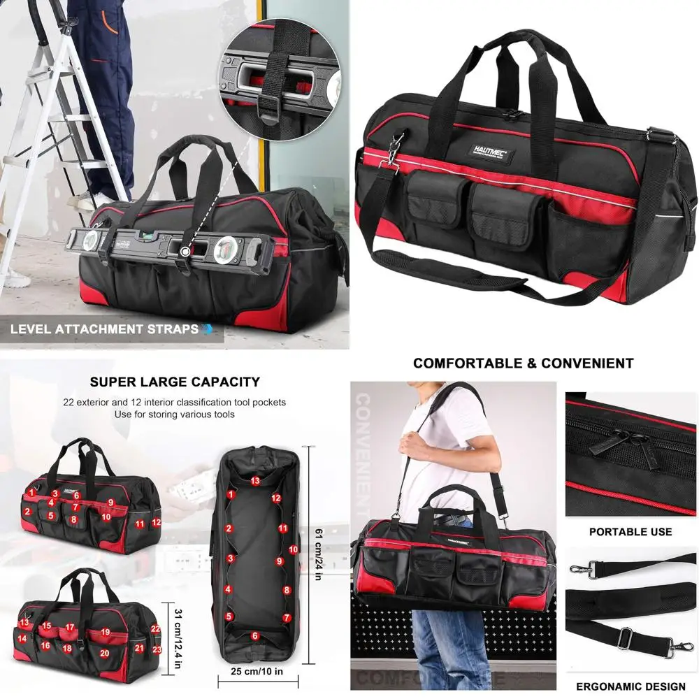 

24 Heavy-Duty 1680D Fabric Tool Bag with Metal Frame, Padded Strap, 36 Pockets, and Level Holder - HT0284