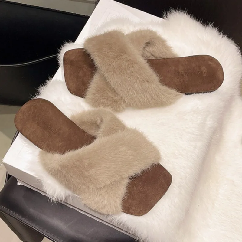 

Square Toe Women Flats Fur Slippers Designer Elegant Shoes 2025 Winter New Flip Flops Fashion Casual Sandals Dress Zapatos Mujer