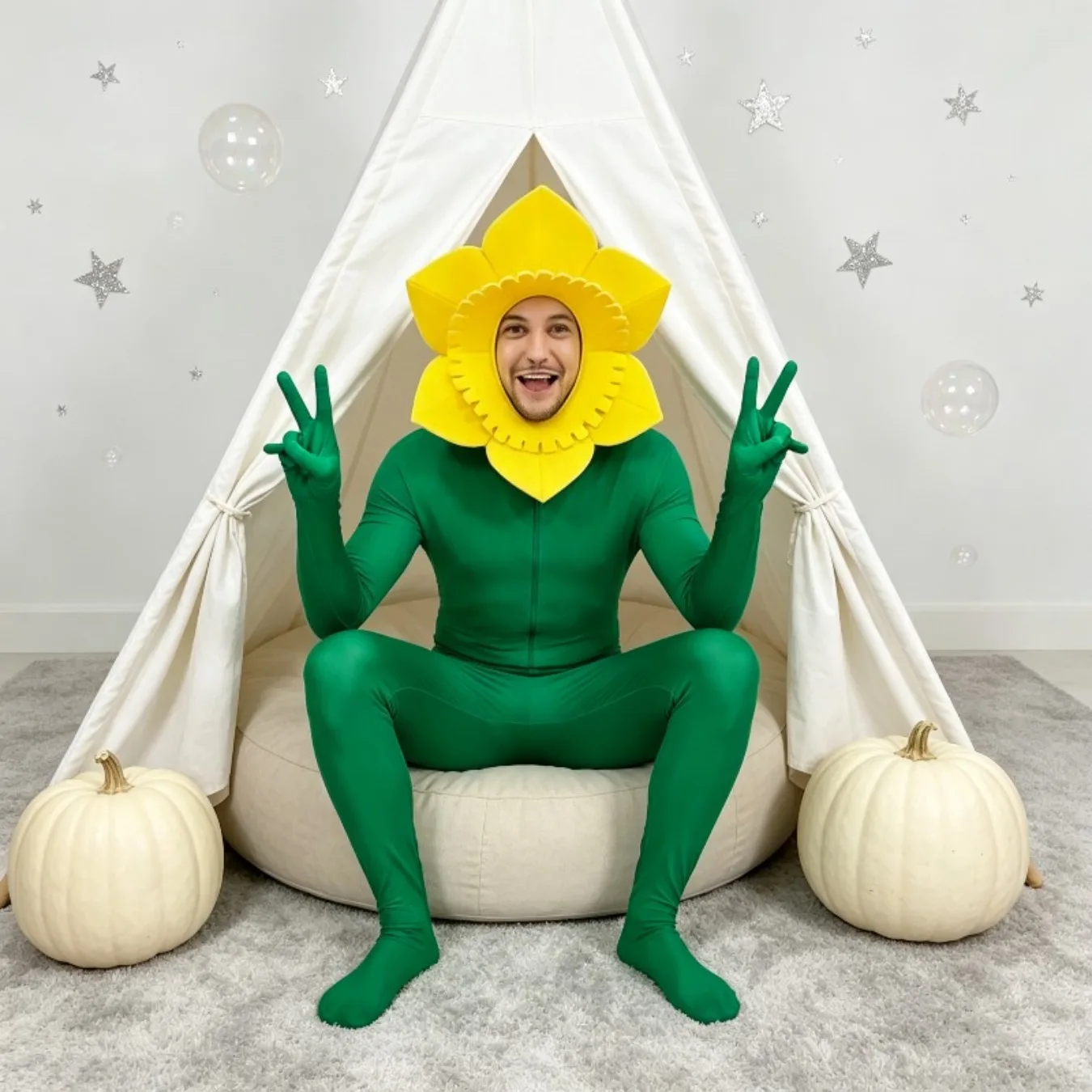 Sunflower Costume with Headgear and Humorous Plant Jumpsuit Suitable for Halloween Role-playing Costumes At Stage Performance