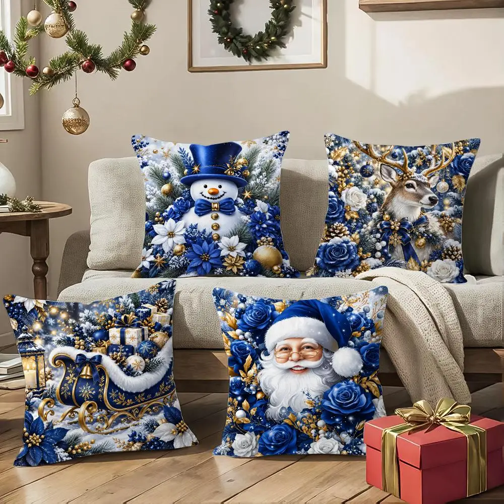 Dark Blue Christmas Tree And Elk Pattern Cushion Cover Square Decorative Sofa Pillow Case Bedroom Living Room Home Decor Gift