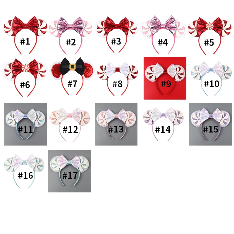 2024 Disney Christmas Peppermint Candy Mouse Ears Headband For Girls Sequins Bow Festivall Party Hairband DIY Hair Accessories