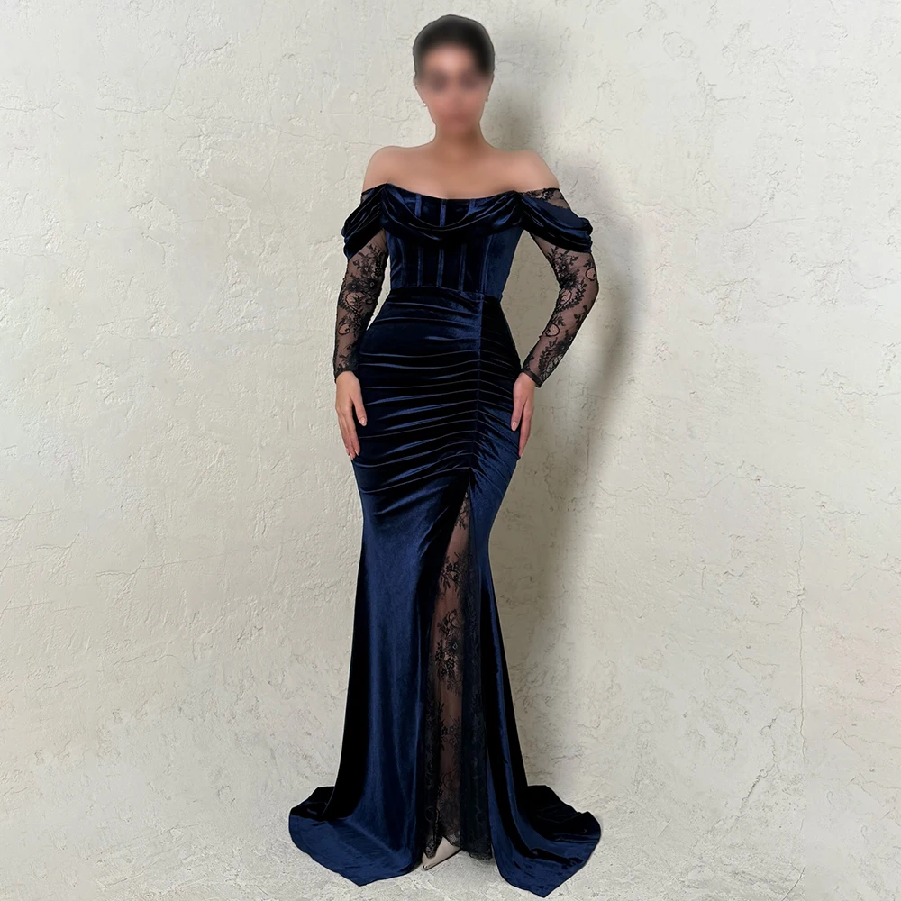 

Custom Made Elegant Off Shoulder Velet Pleated Bridal Evening Gwon Sheath Side Slit Backless Lace Dubai Arab Dress with Train