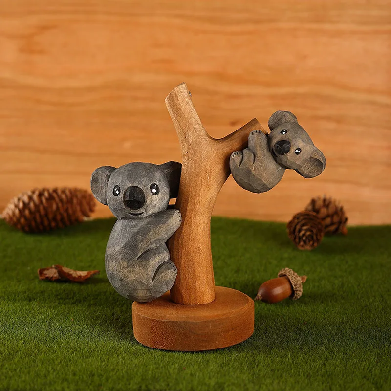 Wood carving koala mother and baby ornament detachable koala climbing tree handmade wooden crafts desktop decoration