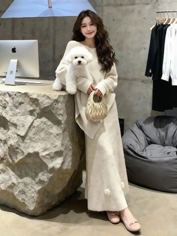 

Корейский зимний теплый вязаный комплект из топа и юбки, асимметричный дизайн, удобный длинный свеч с высокой талией и цветочным принтом Dr