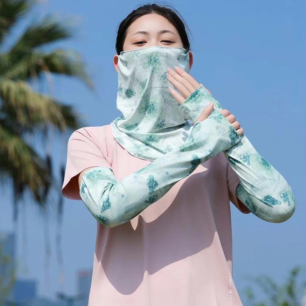 

3pcs Breathable Floral Ice Silk Mask UPF50+ Quick Drying Ice Silk Sunscreen Sleeves Elastic Neck Scarf Women Sunscreen Veil