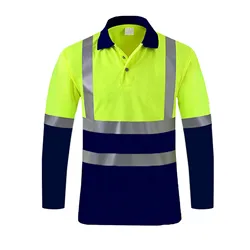 Men's Safety Reflective Shirts Top Long Sleeved Button Male Pullover Workwear Contrast Color Polo Shirt Top For Working Clothing