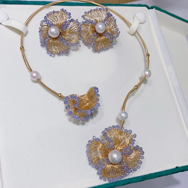 

SGARIT Fine Jewelry Classic Elegance Jewelry Set 14k Filled Gold Freshwater Pearls Earrings Pearl Choker with Tanzanite