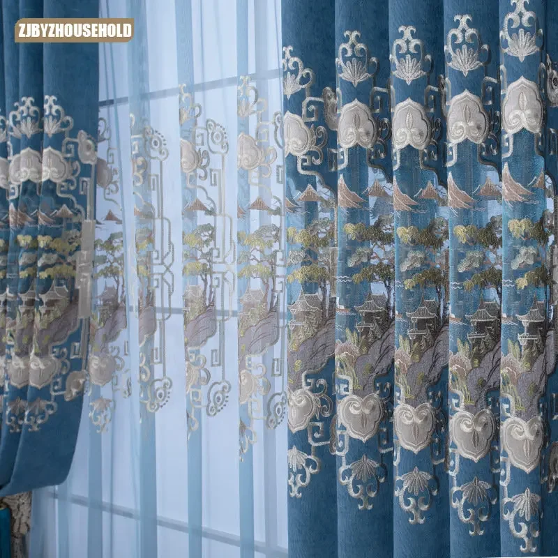 

New Chinese Style Light Atmosphere Water Soluble Embroidery Luxury Curtains for Living Dining Room Bedroom Floor To Ceiling