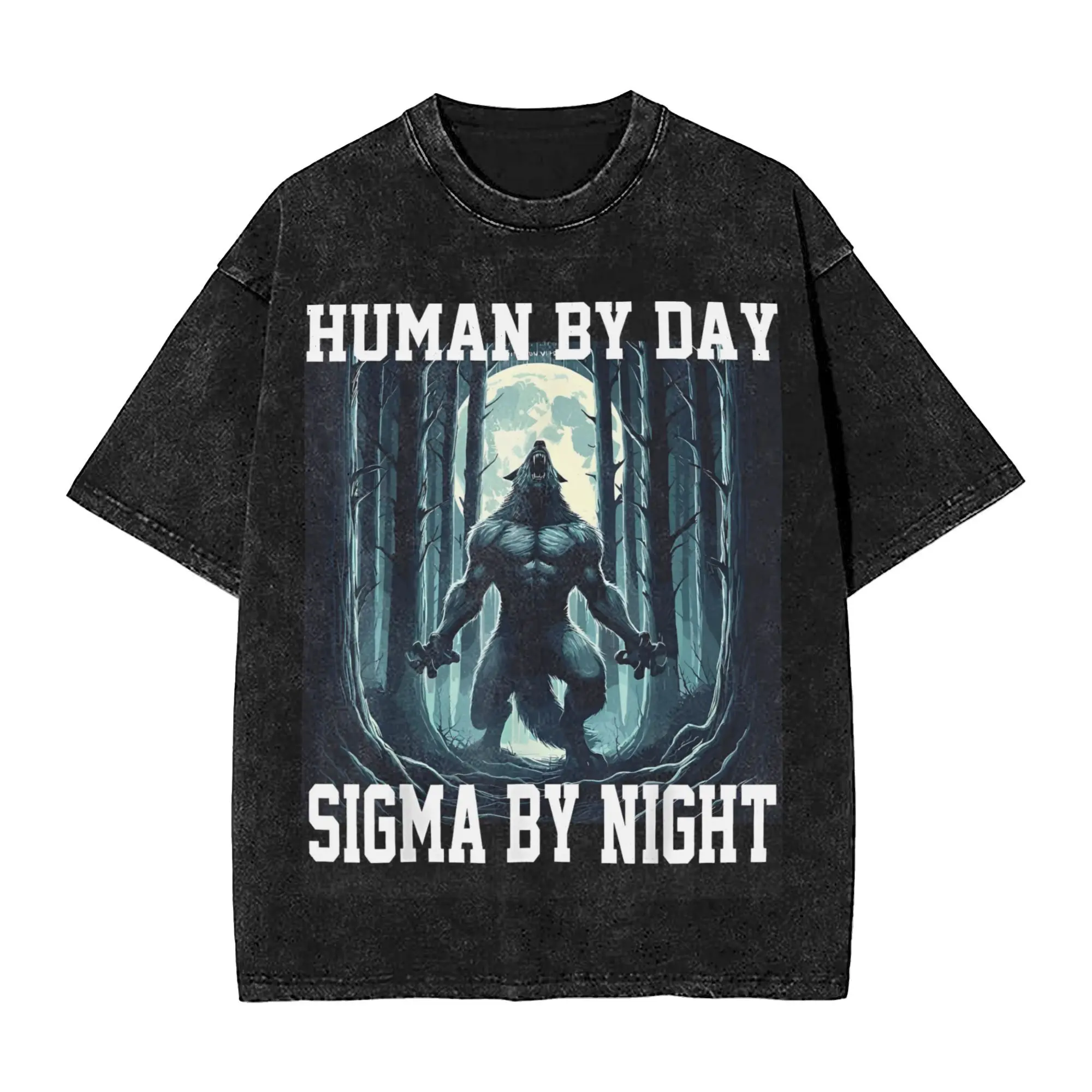 Retro Men Women Human By Day Sigma By Night Cool Wolf Meme Tee Shirt Washed Style  T Shirts Apparel