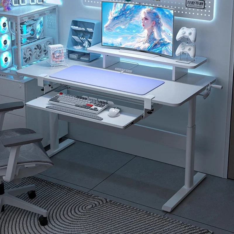 Small apartment hand lift table, e-sports table, white solid wood computer table