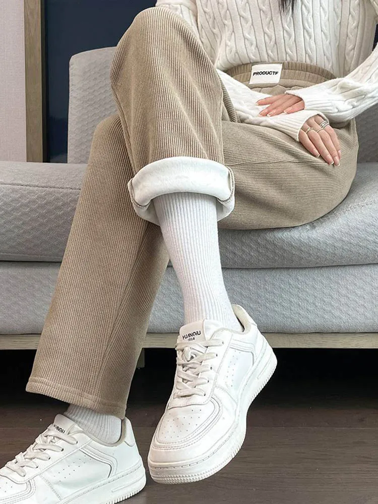 กางเกงฮาเร็มหนานุ่มสำหรับฤดูหนาว แฟชั่นเกาหลี เอวยางยืดสูง บุผ้ากำมะหยี่ กางเกงลำลองผู้หญิง ความยาวระดับข้อเท้า