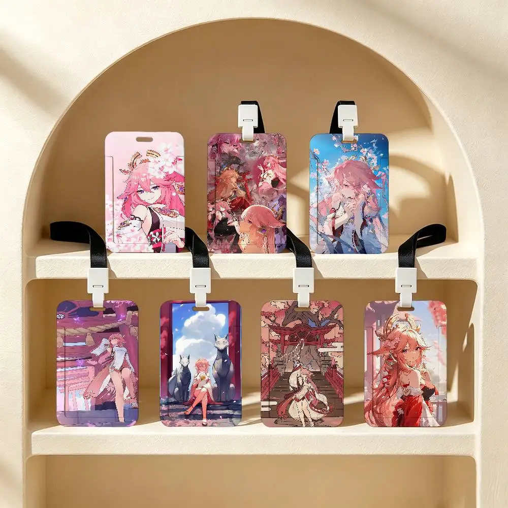 Yae Miko Print Card Printed Tag Holder With Detachable Lanyard, Business Employee ID Card Holder