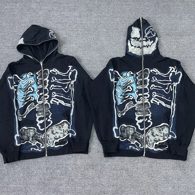 

HIp Hop Cactus Jack Fragment Skull Print Zipper Hooded Hoodies Men's and Women's Retro Oversized Harajuku Casual Y2K Sweatshirts