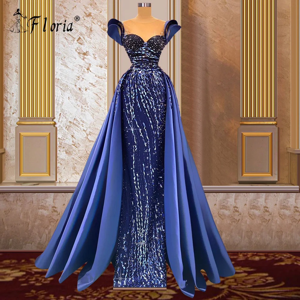 

Graceful Vintage Royal Blue Evening Dresses with Overskirt Sheer Neck Cap Sleeve Haute Sparkly Beads Rhinestone Long Prom Gowns