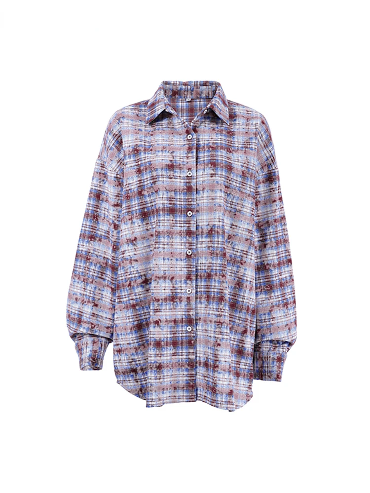 Fashion Distressed Plaid Shirts Blouses Women Spring Purple Office Lady Loose Shirts Cotton Long Sleeve Blouses 2024