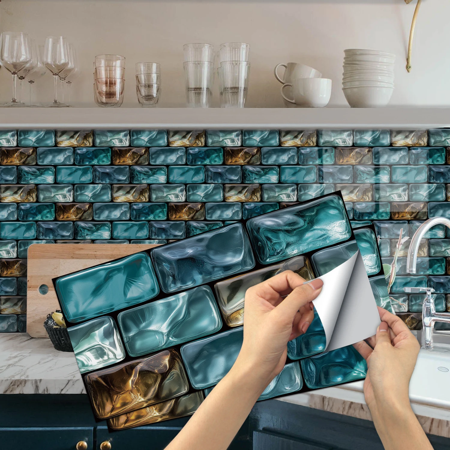 KUUJOJO 3D Vintage Faux Wandfliese selbstklebender Aufkleber für Küche, Wohnzimmer und Badezimmer Wanddekoration, 11,8 Zoll X 5,91 Zoll.