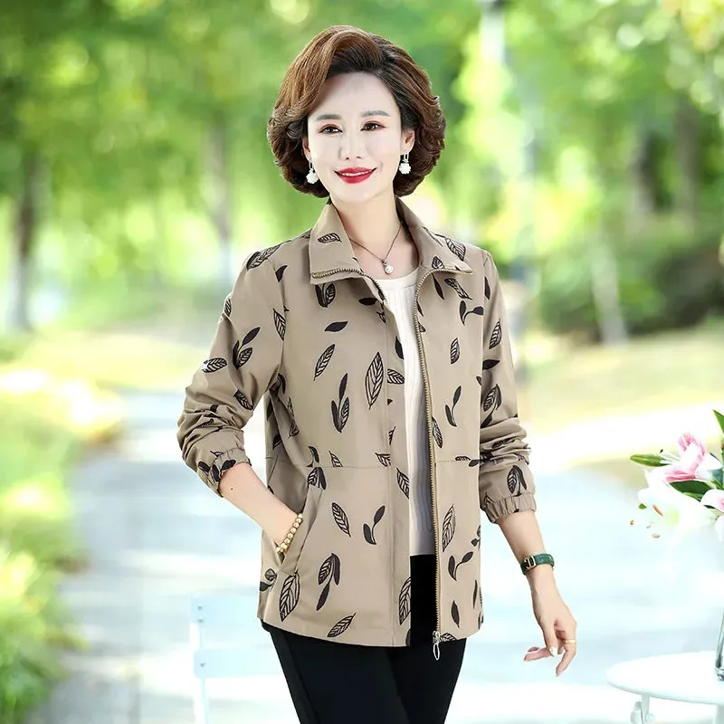 2024 New Spring Autumn Jacket Middle-Aged Elderly Women's Coat Tops Loose Leisure Printing Outerwear Work Clothes Female 5XL