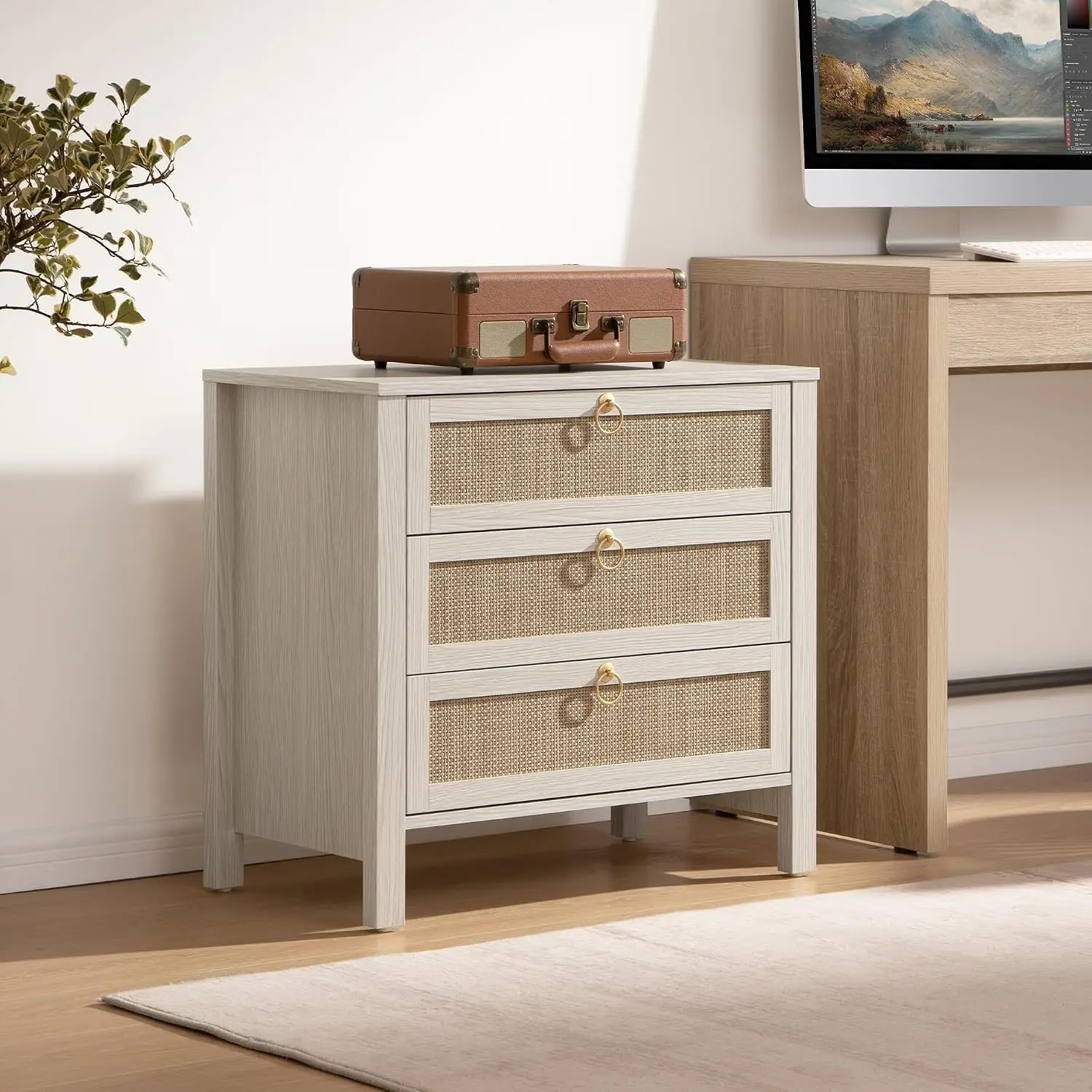 White Rattan Nightstand Set of 2 with 3 Drawers Large Wide Bedside Modern luxury Nordic Furniture For Room Storage Table Custom