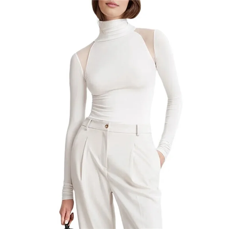 Atasan Lengan Panjang Sambungan Jaring Wanita Bodysuit Tembus Pandang Bodysuit Klub Malam Pesta Putih L-A55G