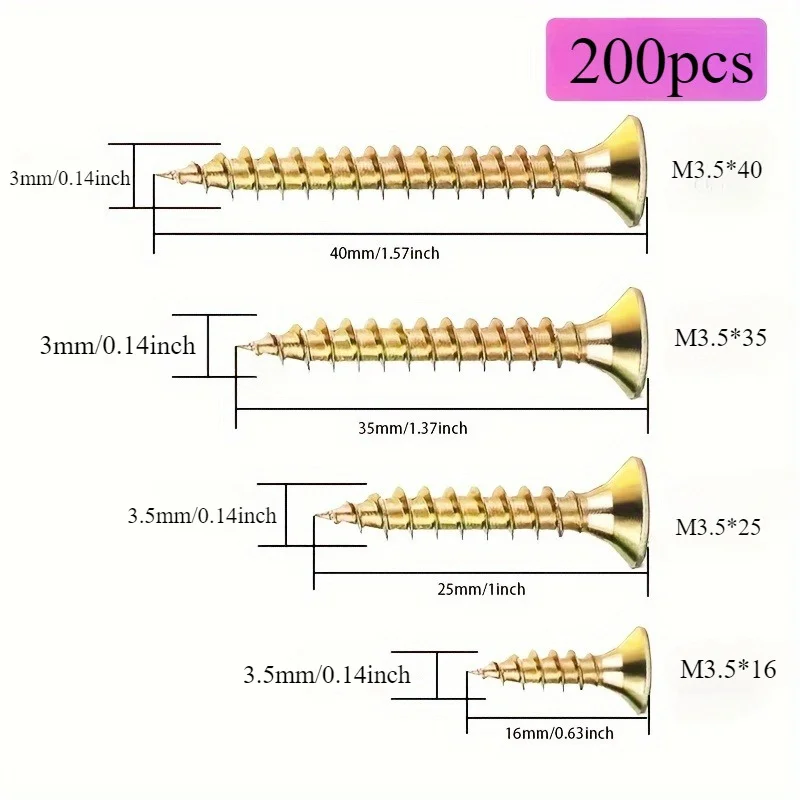 براغي ذاتية التنصت فئة 8.8 - رأس مسطح، ملولبة بالكامل للخشب - قفل ذاتي بقطر 3.5 مم بطول 16/20/25/30 مم #4