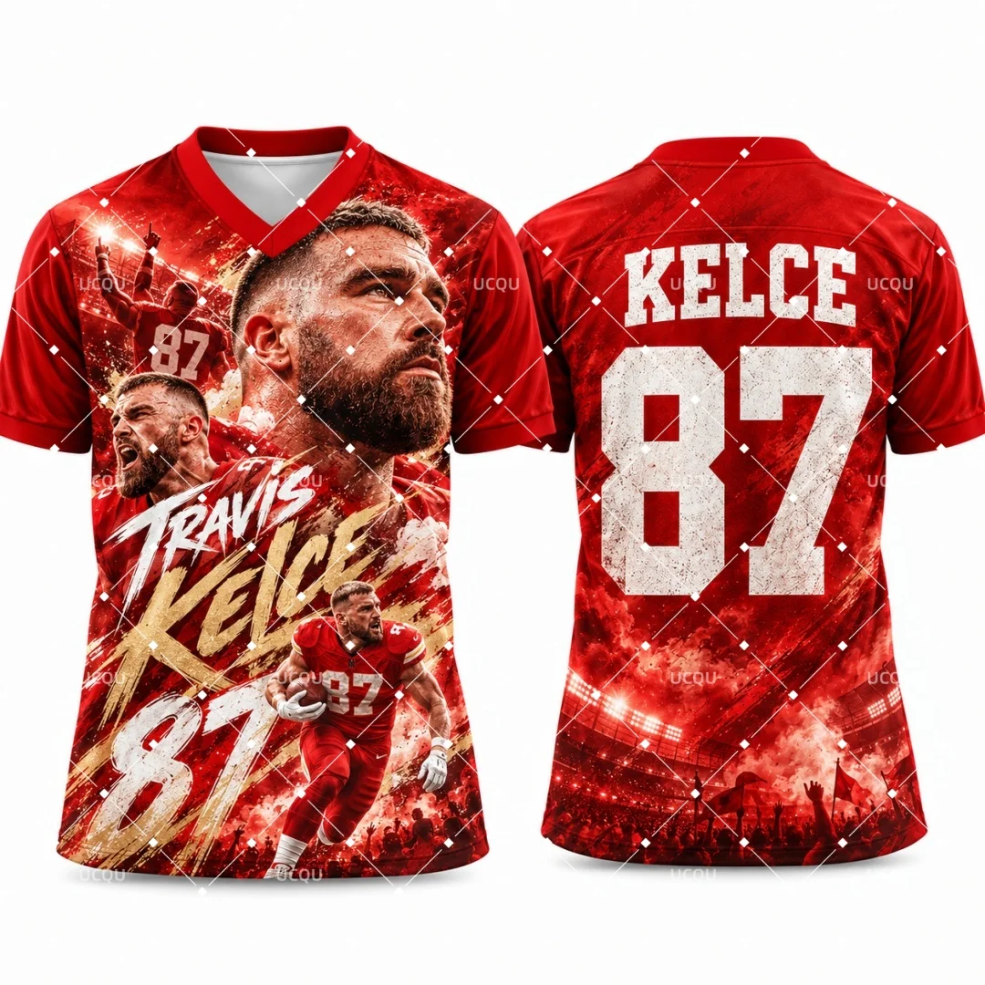 26-27 Travis Kelce #87 American Football Jersey Men Women Kids V Neck Short Sleeve Fan Game Day Sport Uniform Rugby Jersey