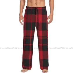 Mens Casual Pajama Long Pant Loose Elastic Waistband Red Plaid Checkered Tartan Cozy Sleepwear Home Lounge Pants