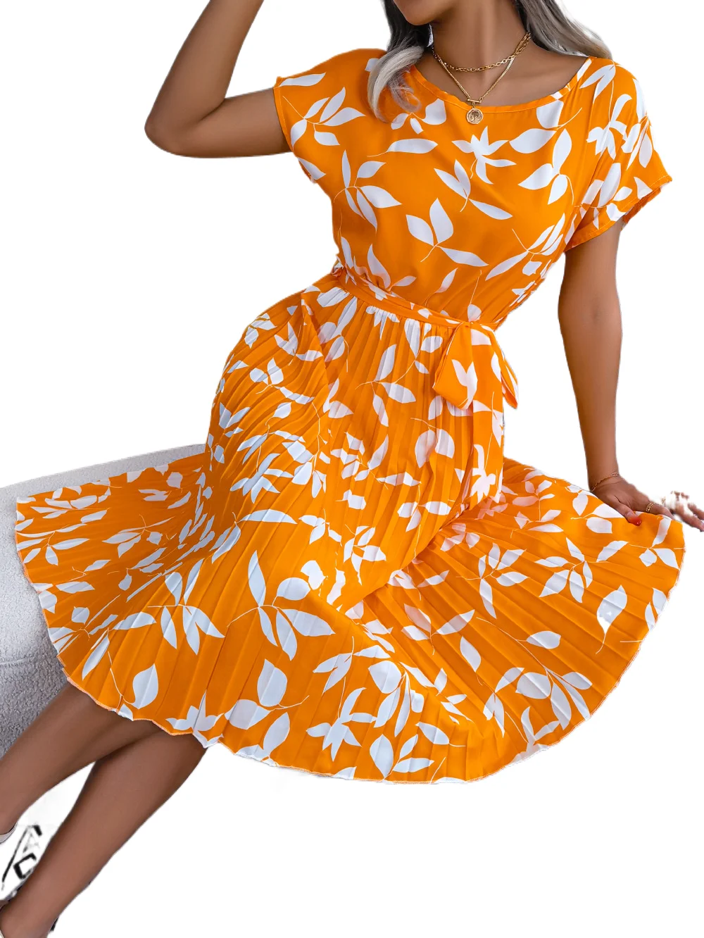 

Casual O-neck Short Sleeve Dress Office Lady Spring Summer Fashion Elegant Floral Print Lace Up Pleated Dresses For Women 2023