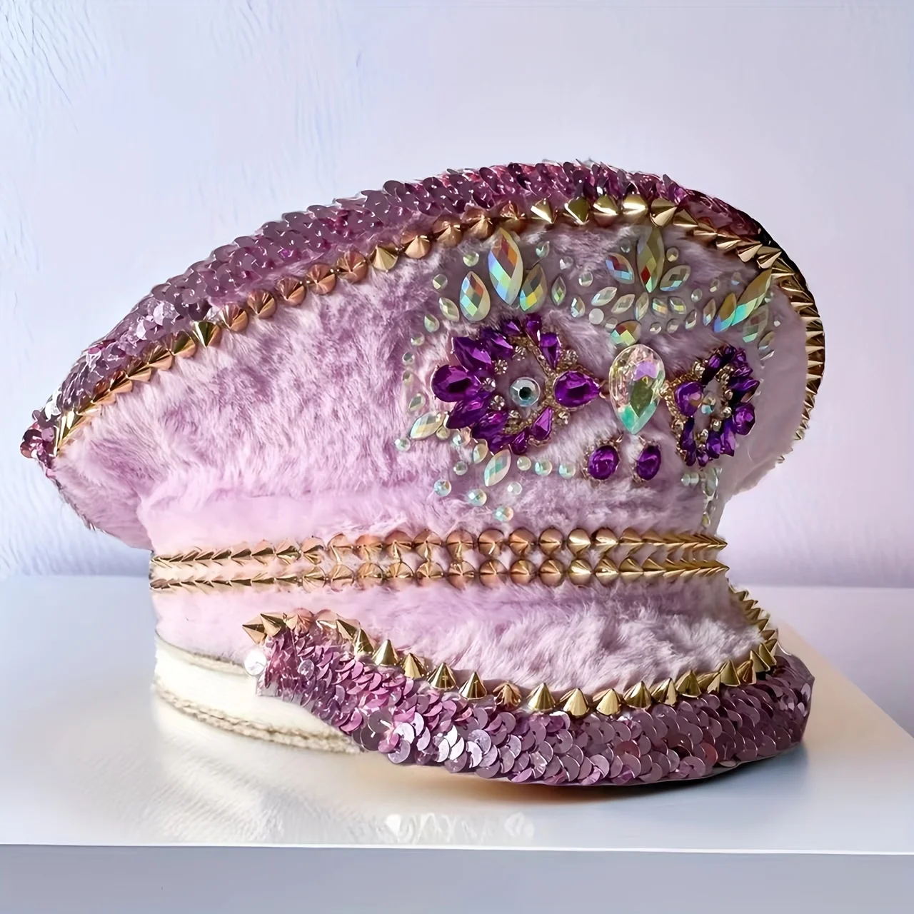 HongLuan Berretti militari da donna Lilla Peluche Viola Argento Strass Festival Cappello da capitano Cappello da sposa Navy Cappello da addio al nubilato