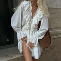 Summer Vintage Elegant Short Sleeve Women's Solid Cotton Linen Dress  V-Neck Drawstring Ruffled White Dress for Women Vestidos