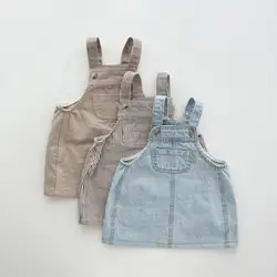 2024 Spring New Children Sleeveless Strap Dress Baby Girl Solid Casual Dress Toddler Cute Striped Denim Dress Kids Clothes