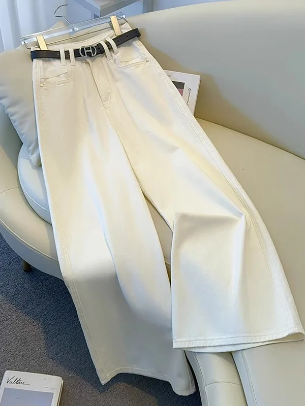 

High Waist Wide Leg A-Line Jeans Women's Milk White Spring New Sle Straight Cut Loose Fit Denim Pants All Seasons