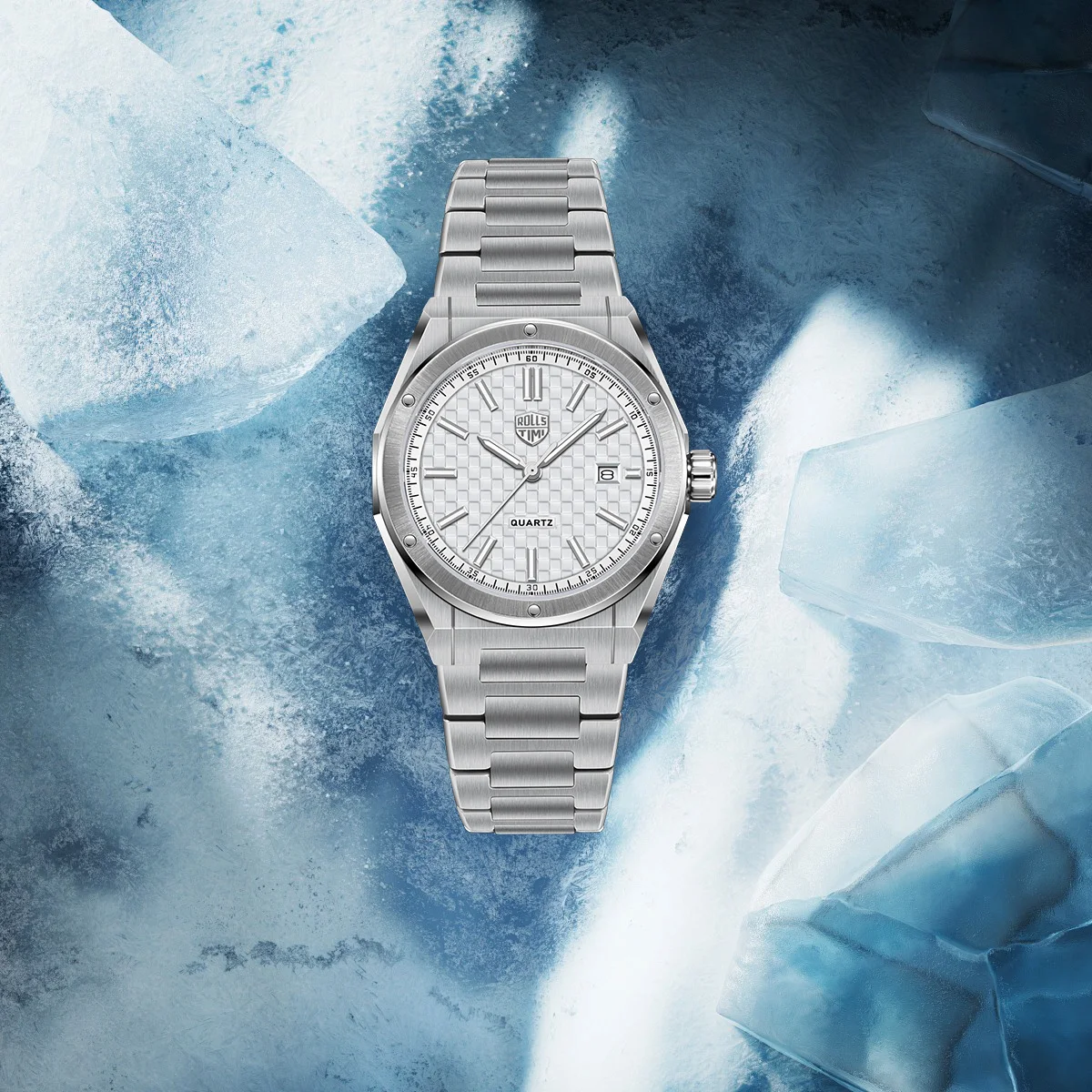 ROSSITIMI Business Simple Mens Quartz Watch Octagonal Case Stainless Steel Textured Dial Sapphire Luminous Date Waterproof Watch