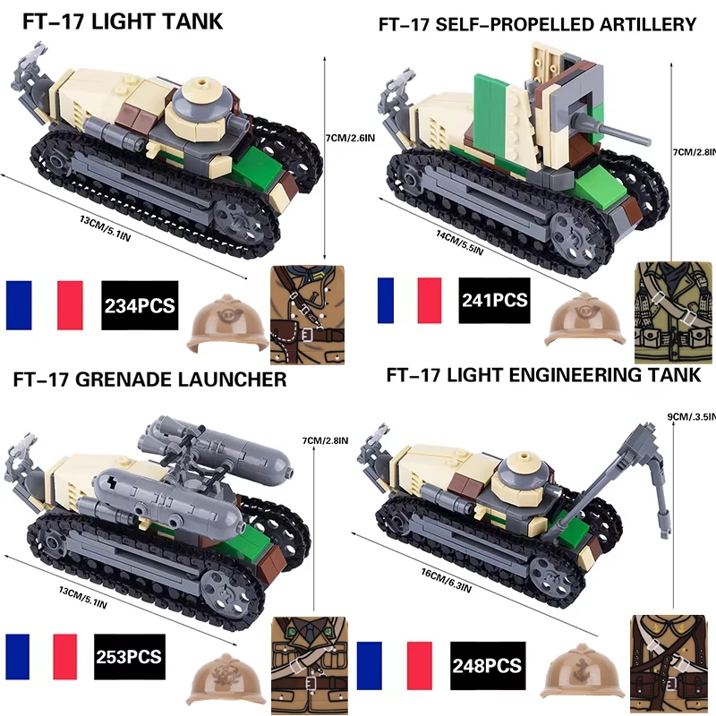 WW2 French Army Soldiers Weapons Building Blocks WW1 Renault FT-17 Main Battle Tank Build Bricks Toys Children Gifts Puzzle DIY