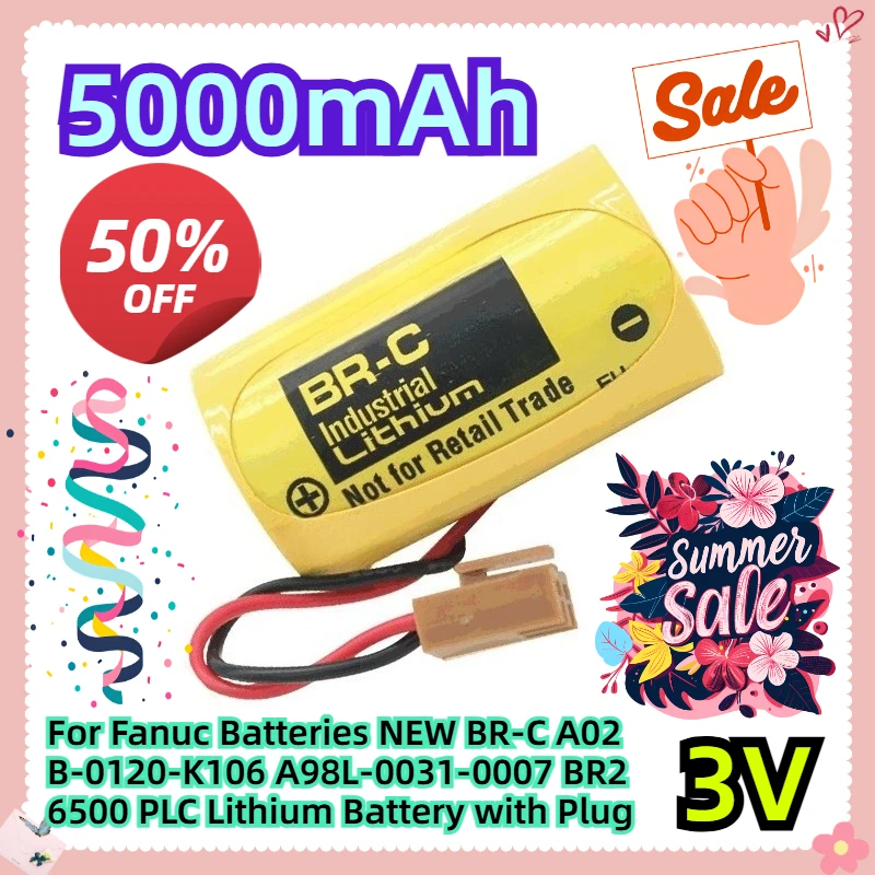 

For Fanuc Batteries NEW BR-C A02B-0120-K106 A98L-0031-0007 BR26500 PLC Lithium Battery with Plug 3V 5000mAh