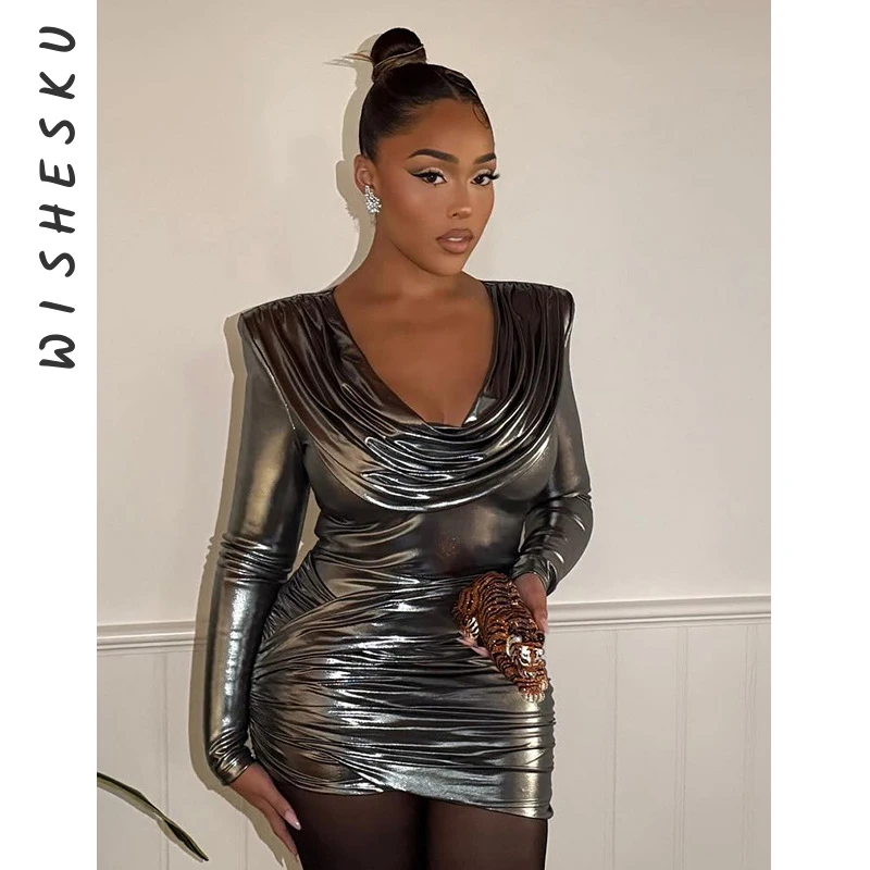 

Women Shoulder Padded Pleated Neck Slim Package Hip Party Dresses Metallic Glossy Long Sleeve High Waist Party Vestido 2024