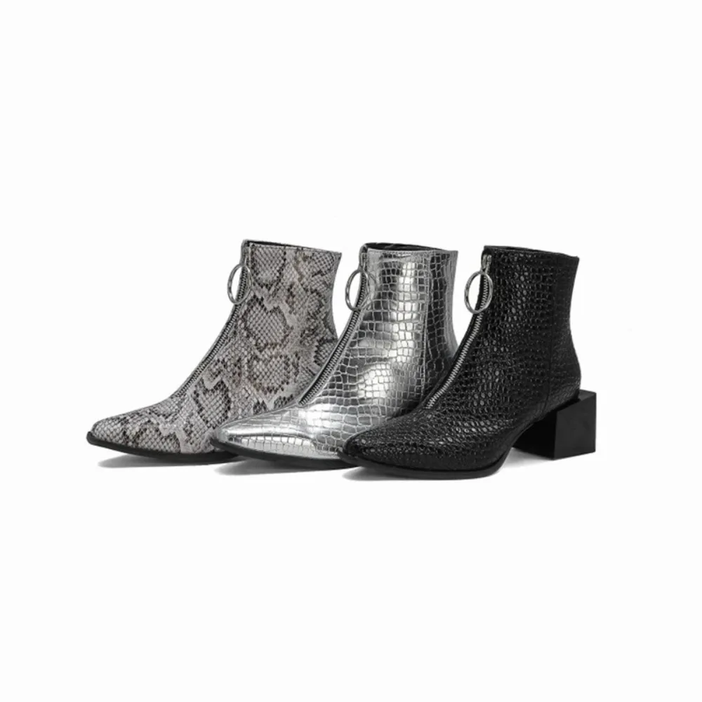 Ankle Boots Women Autumn Winter Square Toe Fashion Front  Zipper Thick Heels Comfortable Casual  Short Bootie Plus Size 48 F-5