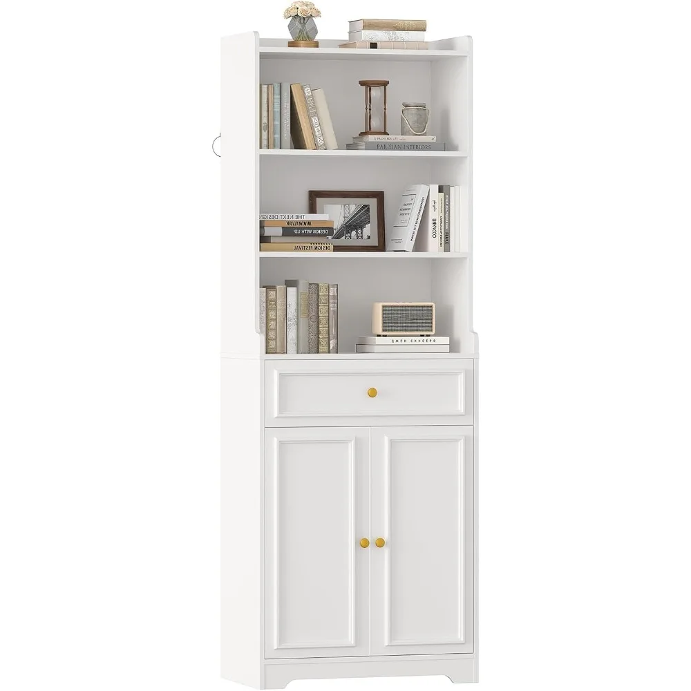 أرفف كتب وخزانة كتب بأبواب وأدراج وأرفف، رف كتب طويل 73 بوصة مع مساحة تخزين، كتب قائمة على الأرض مكونة من 7 طبقات