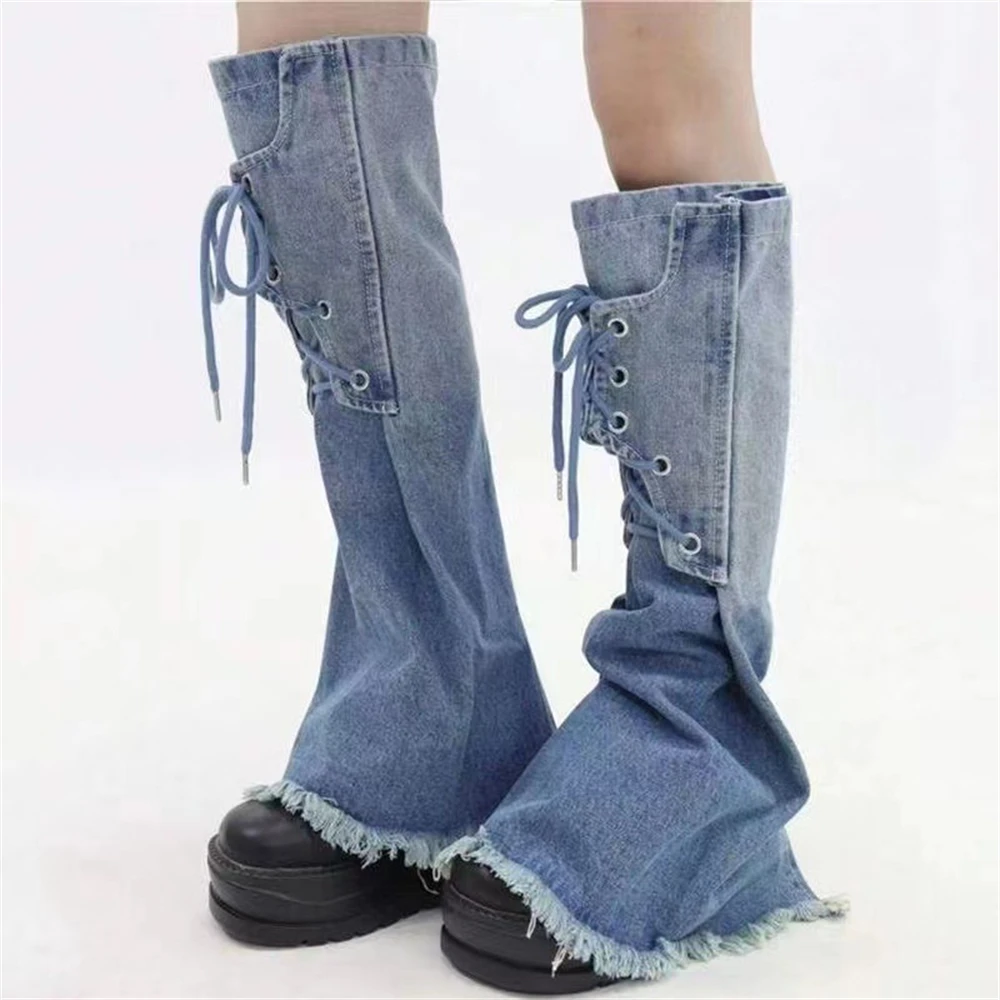 Fashion Denims Leg Warmers Designer Sexy Strappy Tassel Mid Calf Stacked Boot Socks Unisex Gradient Cowboy Leg Boot Cuffs Sock