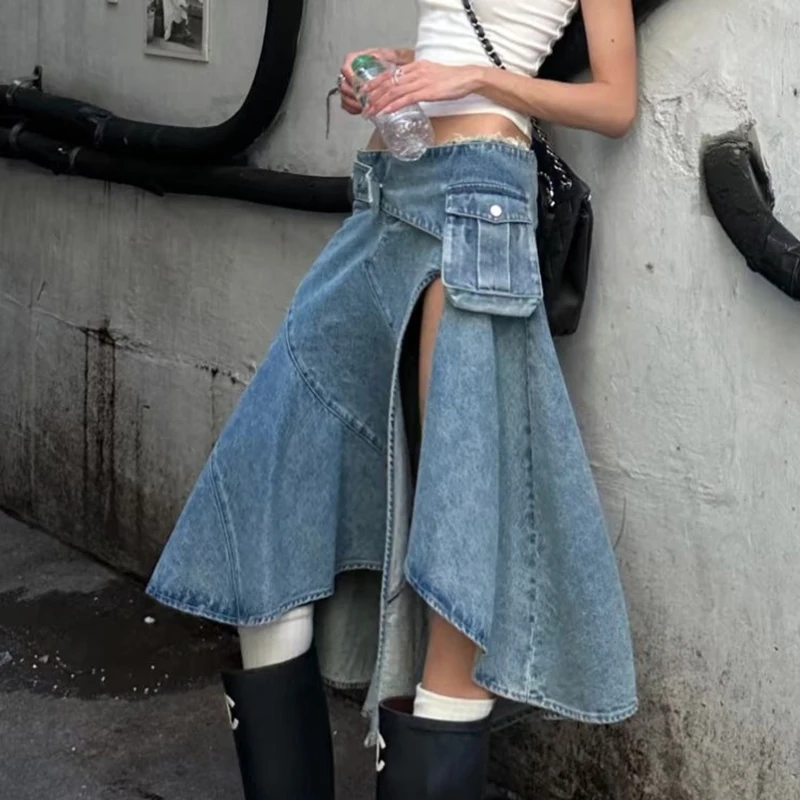 Lace-up Irregular Denim Skirt Fashion Casual Pocket Cargo Skirt Streetwear Jeans Skirt