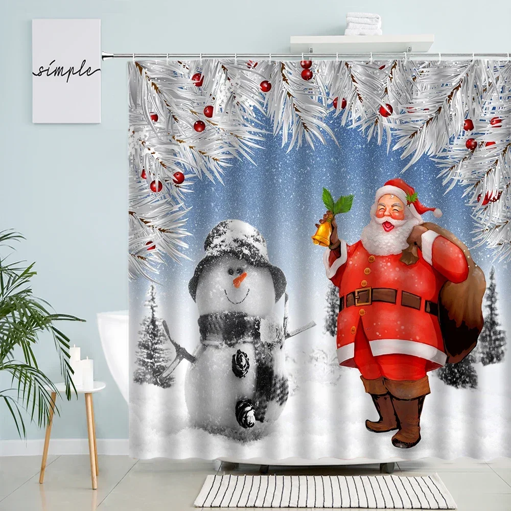 Christmas Shower Curtains Funny Santa Claus Xmas Tree Fir Branch Red Berry Birds New Year Fabric Bathroom Decor Bath Curtain Set