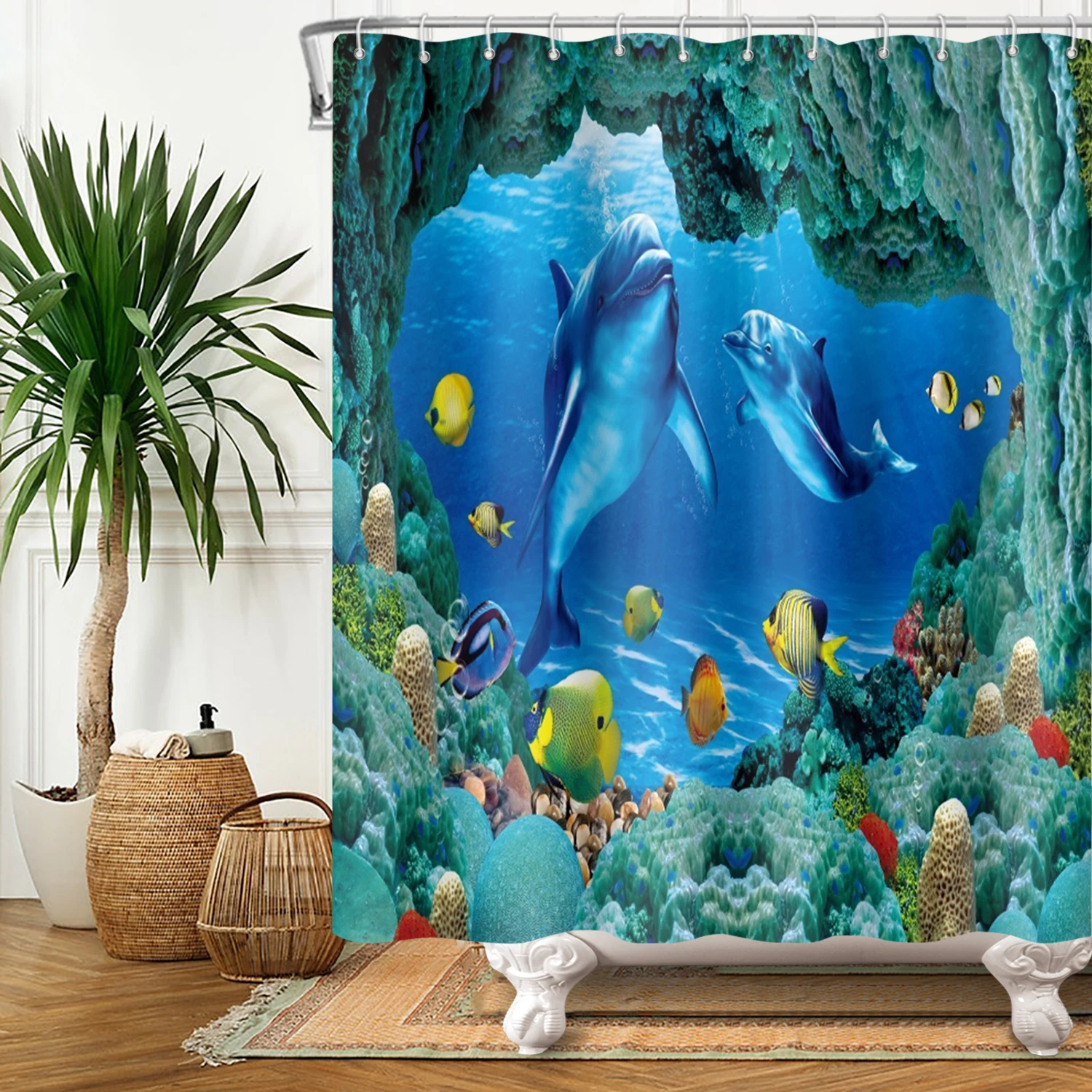 Underwater World Bathroom Shower Curtain Sea Turtle Dolphin Ocean Creature Landscape Shower Curtains Bathroom Waterproof Curtain