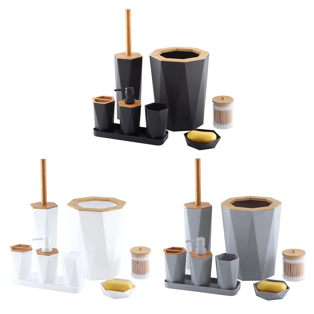 

8 Piece Bathroom Set with Cup Holder Dish Dispenser Bin Brush Bathroom Accessories - Soap Dish Dispenser Trash Can Toilet Brush