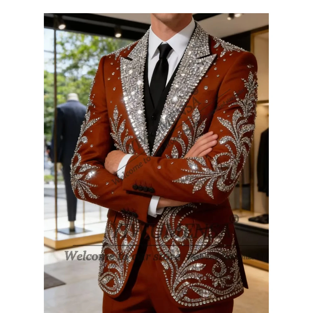 Luxury Beaded Crystal Men Suits 2 Pieces Sets Man Party Blazers Customized Groom Wedding Tuxedos Slim Sequin Label Costume Homme
