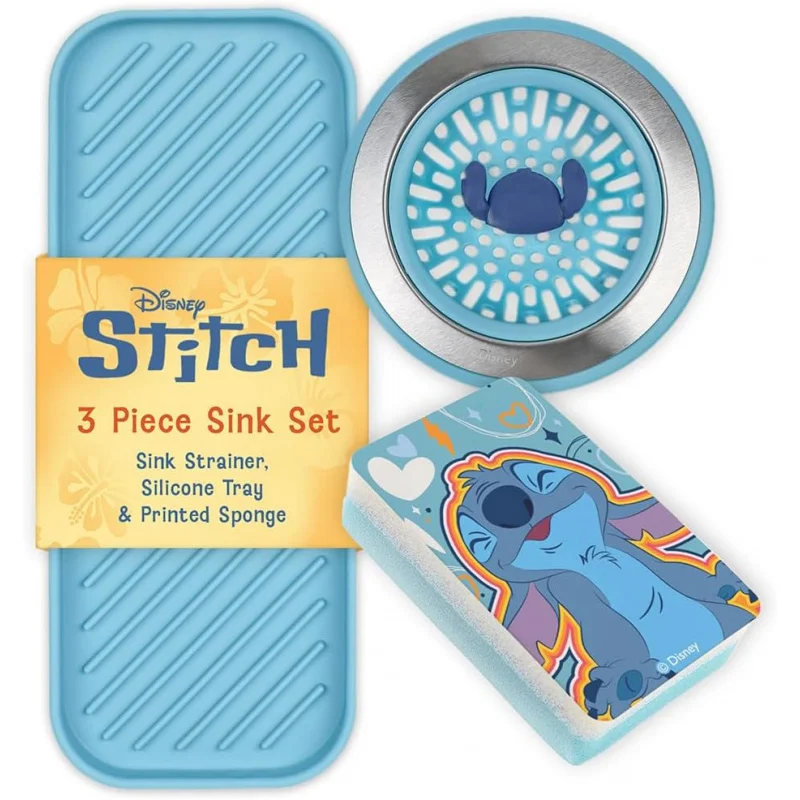 

Disney 3-in-1 Kitchen Accessories Set – Drain Strainer, Dish Sponge, & Silicone Sink Tray – Featuring Stitch & Winnie